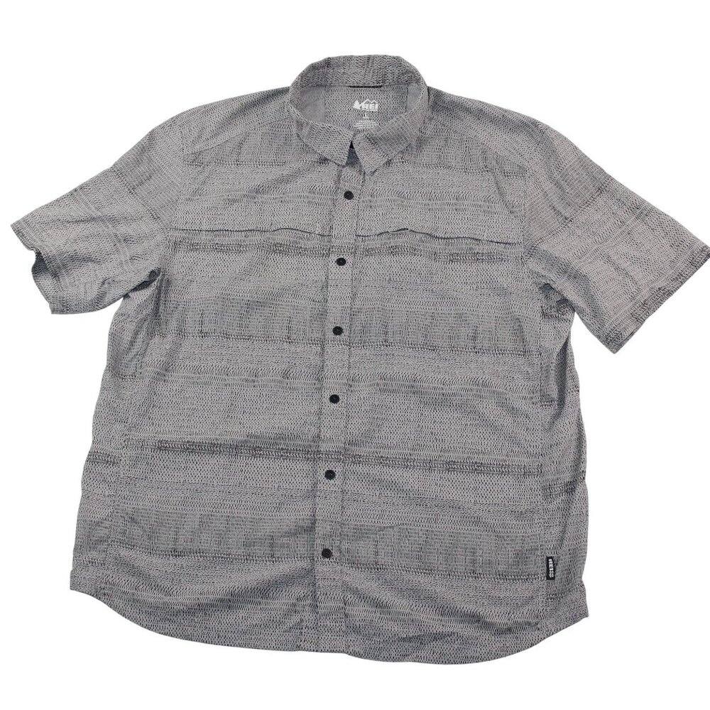 REI CO-OP Mens Size Large Gray Vented Geometric Print Fishing Hiking Camp Shirt